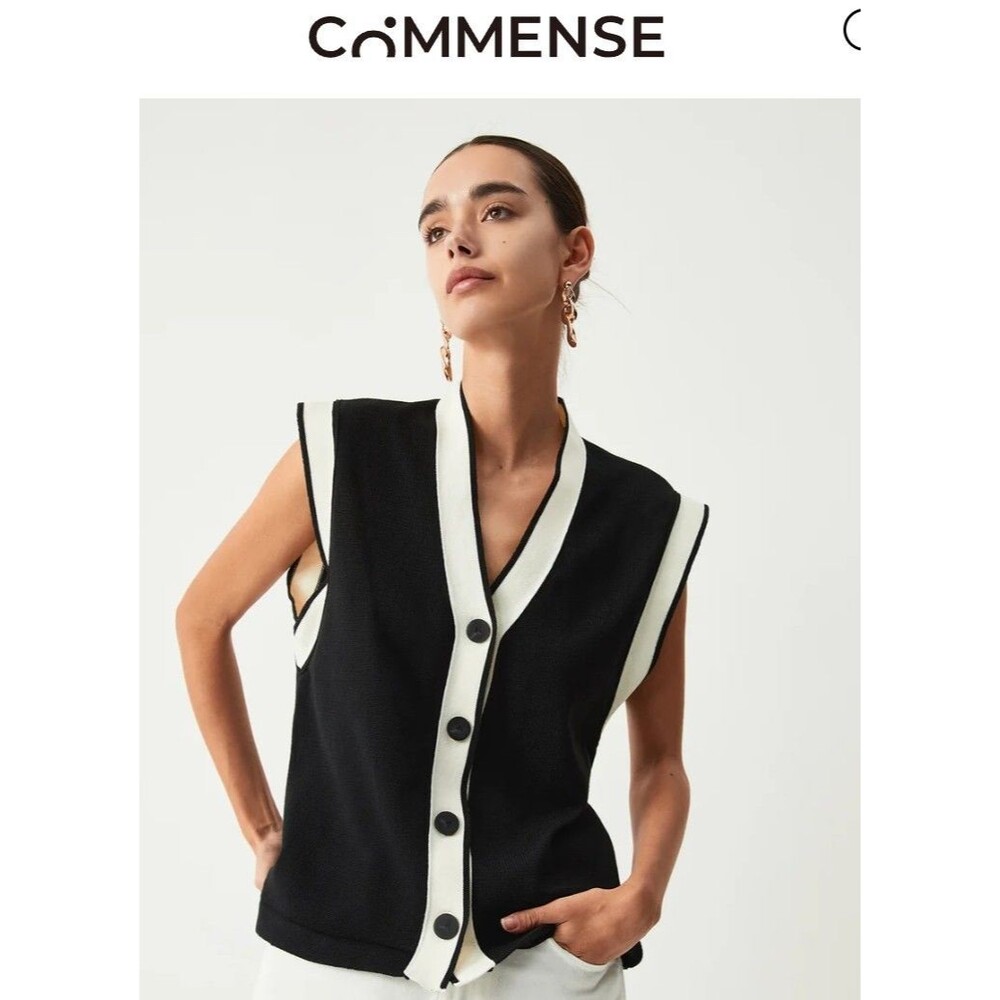 New! Contrast Trim Black Ivory Sweater Vest Commense size M
